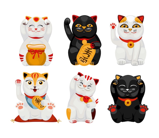 일본 행운의 고양이 maneki neko 동양 마스코트 애완 동물 동물 벡터 일러스트와 함께 고립 된 아이콘 세트