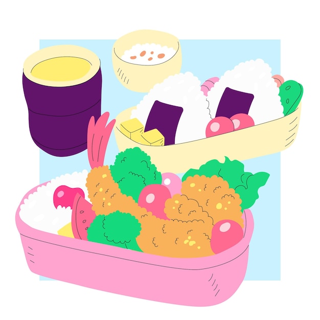 Free vector japanese lunchbox filled with food hand drawn