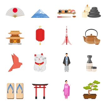 Japanese national symbols flat icons set