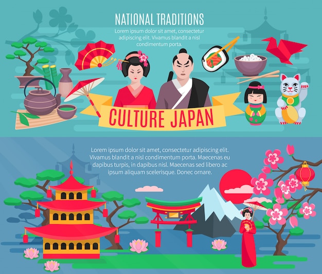 Free vector japanese national symbols traditions and culture information for tourists flat horizontal banners