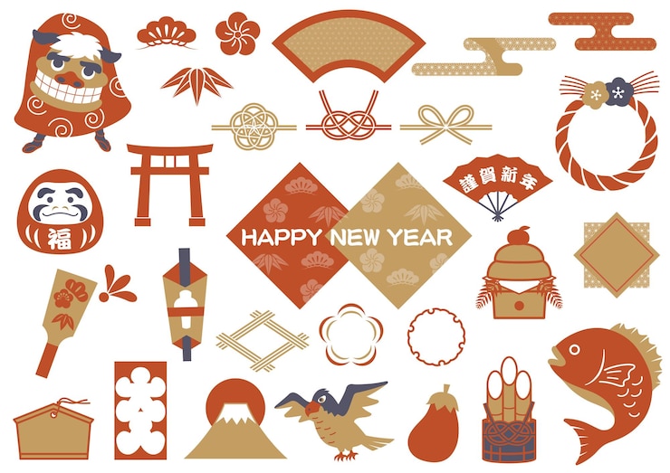 無料Vector 日本の新年あいさつ ベクトル ヴィンテージ イラスト エレメントセット 白い背景に分離