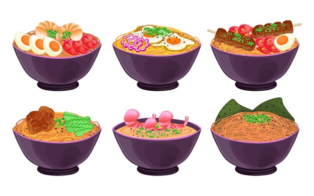 Набор иллюстраций японской лапши в мисках