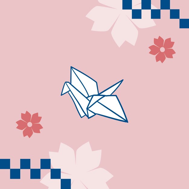 Японская розовая сакура на фоне бумажного журавлика оригами