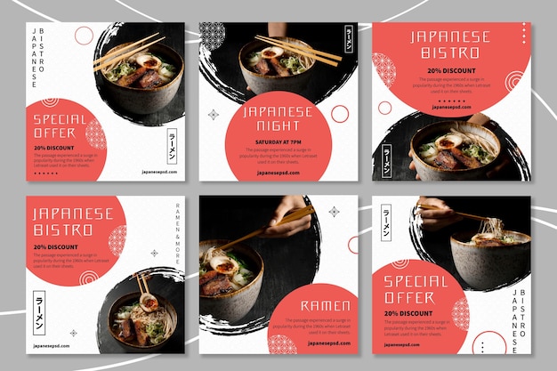 Free vector japanese restaurant instagram posts collection