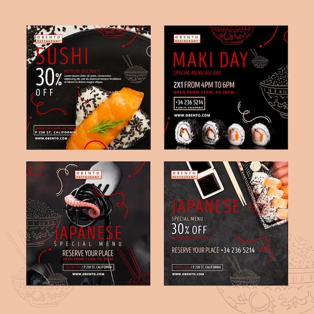 Free vector japanese restaurant instagram posts template