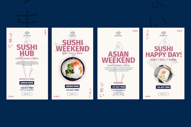 Free vector japanese restaurant instagram stories collection