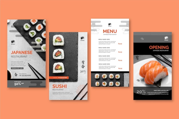 Free vector japanese restaurant instagram stories collection