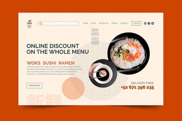Бесплатное векторное изображение Шаблон целевой страницы японского ресторана