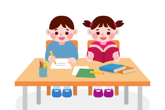 수업 시간에 공부하는 일본 학생 아이 무료 벡터