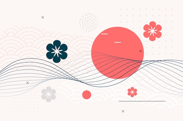 Free vector japanese style background with flower and wave lines