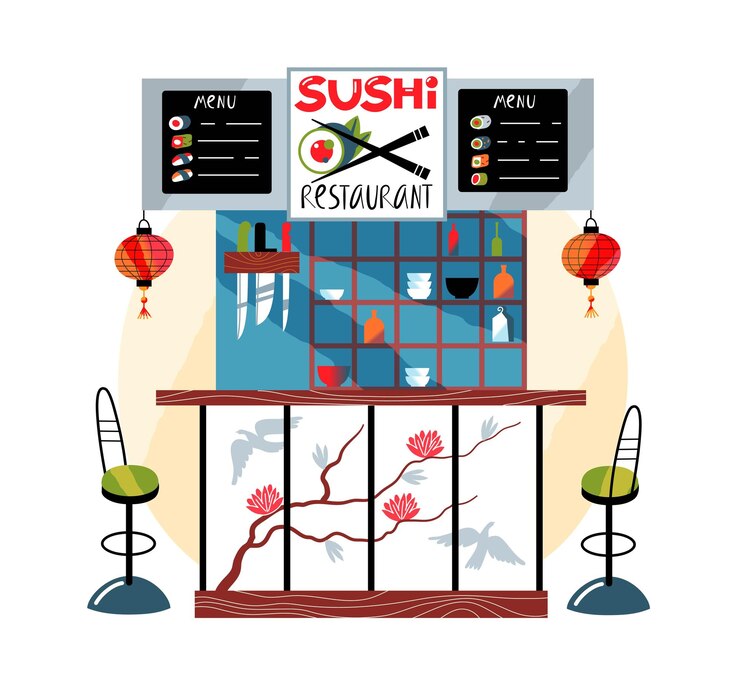 Free Vector japanese sushi restaurant counter background asian traditional cuisine modern interior design with counter stools menu lanterns poster knives and cutlery