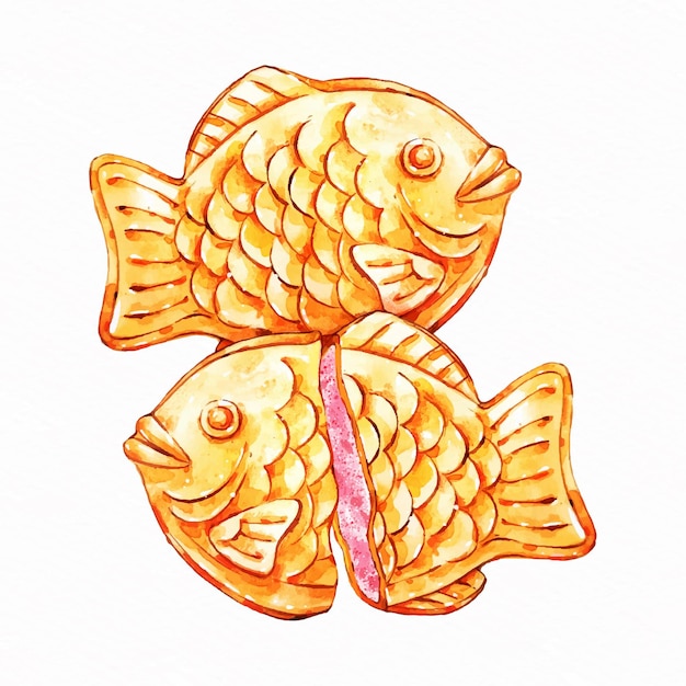 Japanese taiyaki dessert watercolor style