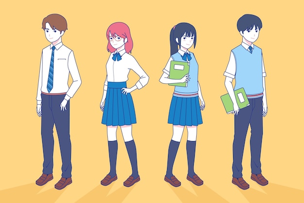 Japanese teenagers students in manga style