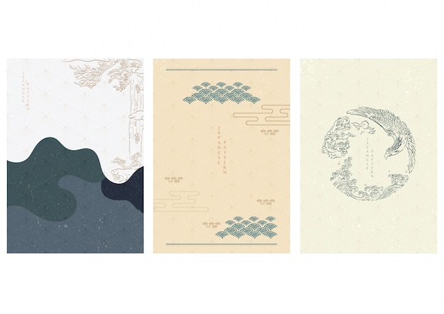 Japanese template with hand drawn asian traditional elements. wave, tree, lion and eagle  .