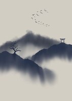 Японский тематический горный пейзаж с ручной росписью