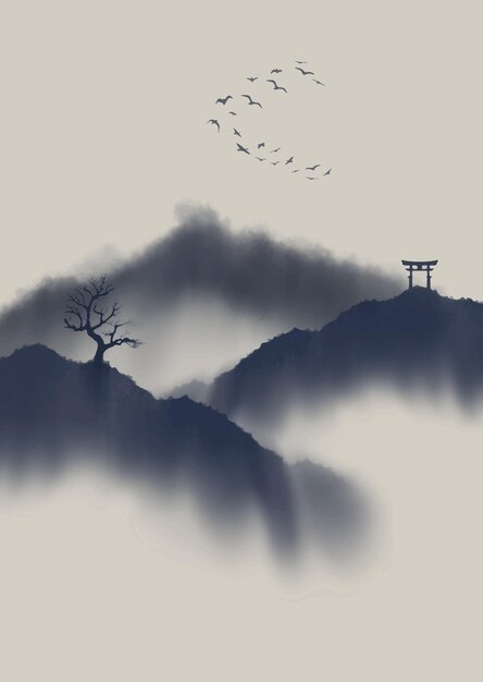 日本のテーマ手描きの山の風景