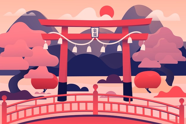 Vettore gratuito porta torii giapponese e alberi rosa