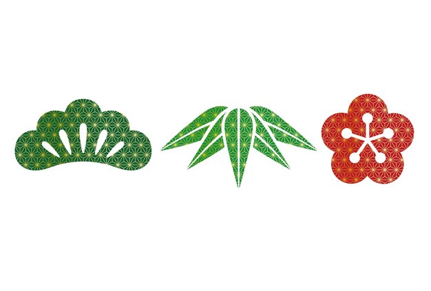 Японский винтажный благоприятный ботанический набор символов из сосны, бамбука и сливы на белом фоне