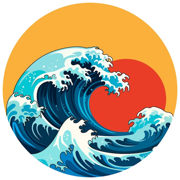 japanese wave under red sun traditional illustration style