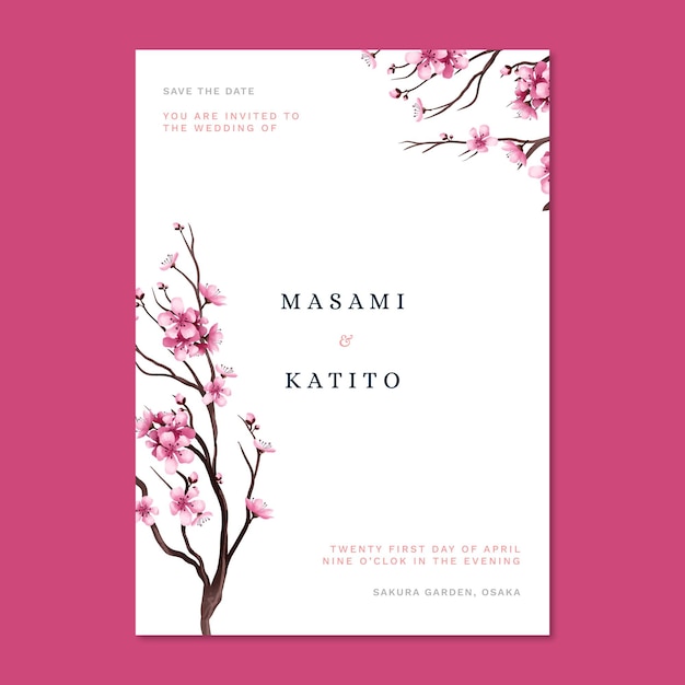 Japanese wedding invitation with cherry blossoms