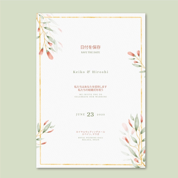 Free vector japanese wedding invitation with flowers