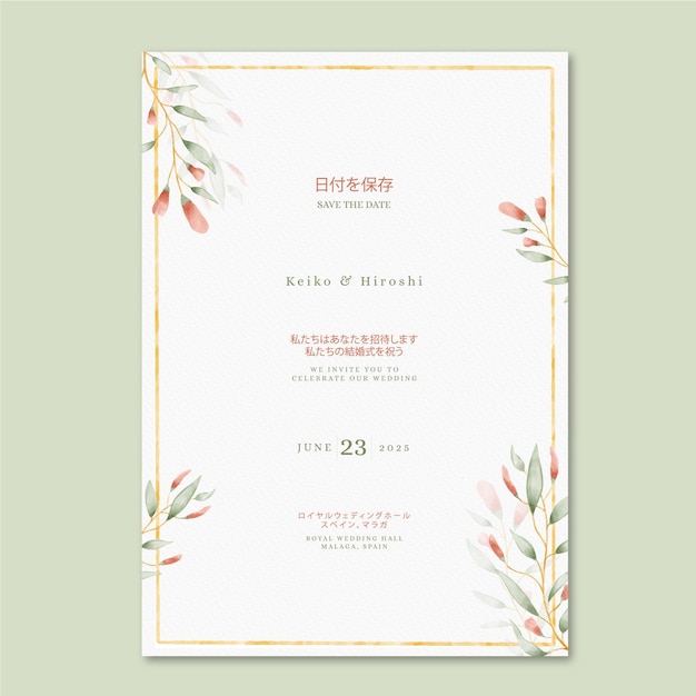 Japanese wedding invitation with flowers