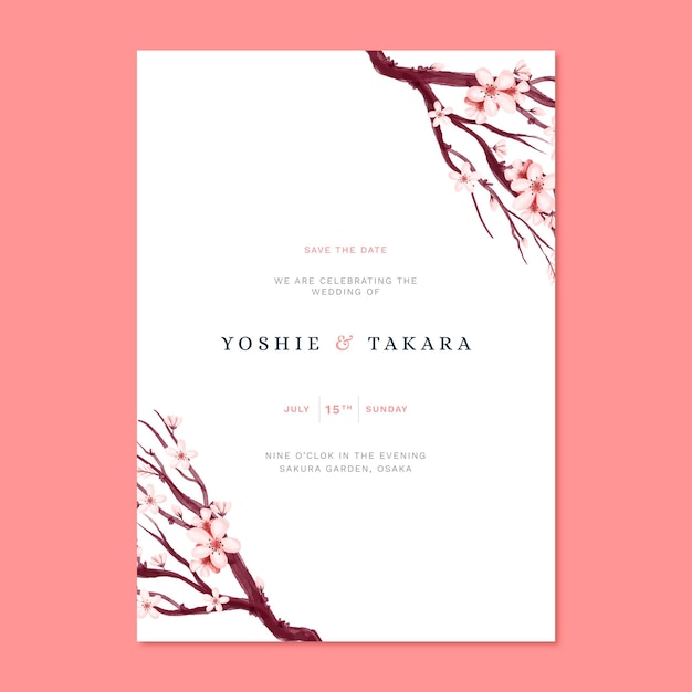 Free vector japanese wedding invitation with sakura branch