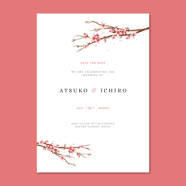 Free vector japanese wedding invitation with sakura flowers