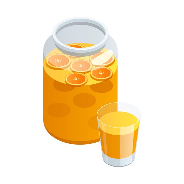 Jar and glass of homemade lemonade isometric icon on white background vector illustration
