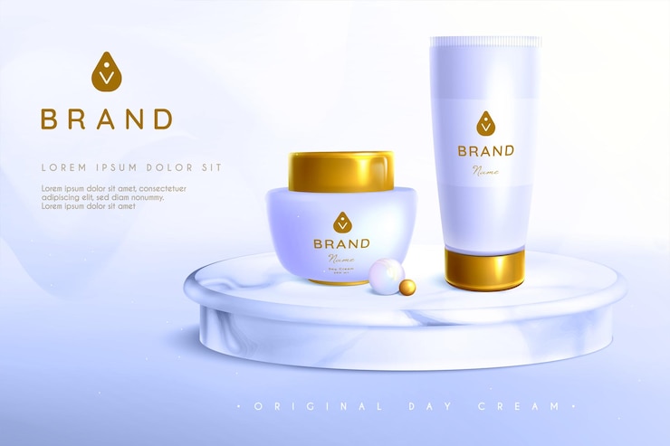 Free Vector jar and tube with golden lid on round marble podium stage