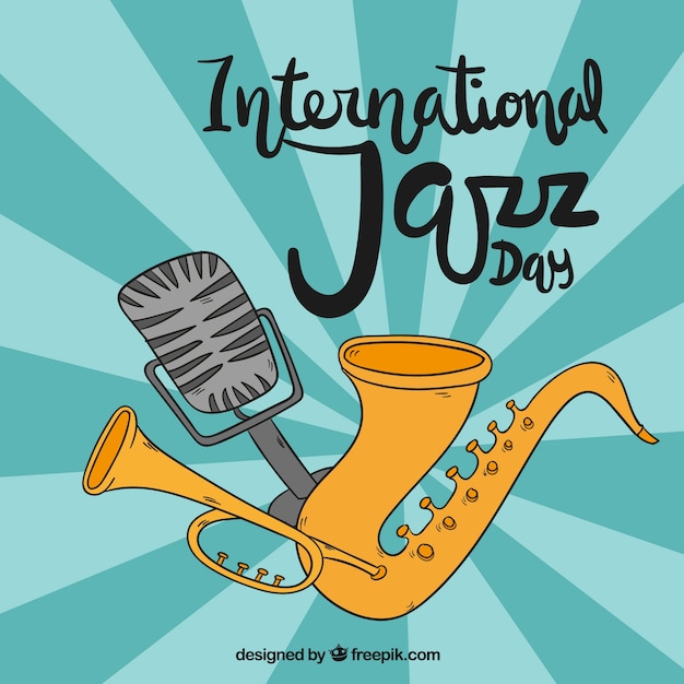 Jazz background with microphone and musical instruments