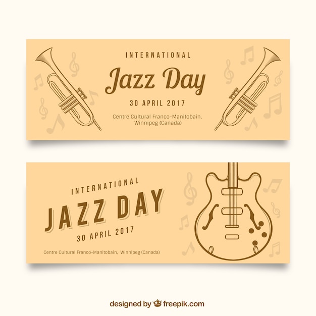 Jazz day banners with guitar and hand drawn trumpets