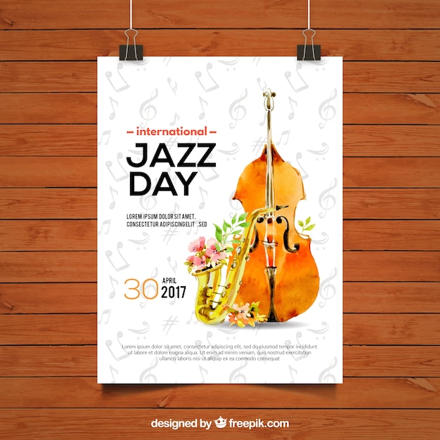 Jazz day brochure with violin and watercolor saxophone