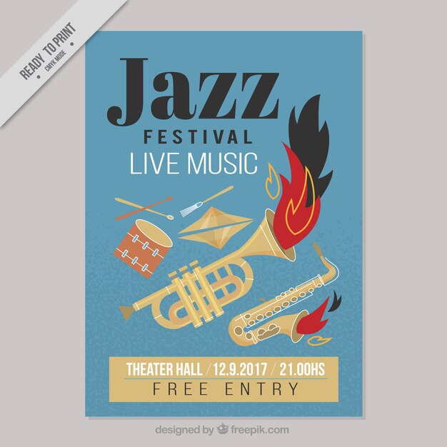 Free vector jazz festival poster with musical instruments