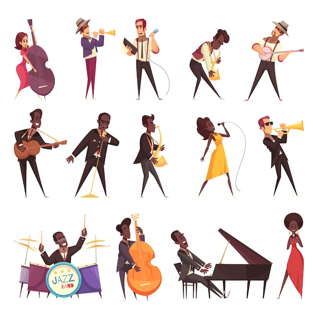 Jazz music set of isolated icons with cartoon style human characters of musicians playing different instruments