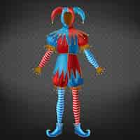 Free vector jester red and blue costume with bells on horned hat, striped leggings and twisted toe shoes