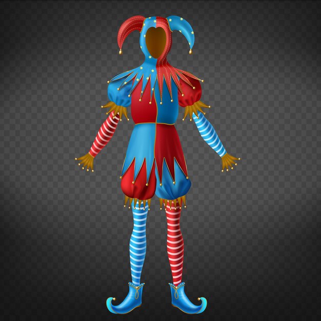 Jester red and blue costume with bells on horned hat, striped leggings and twisted toe shoes