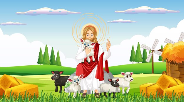 Jesus and animals in farm scene