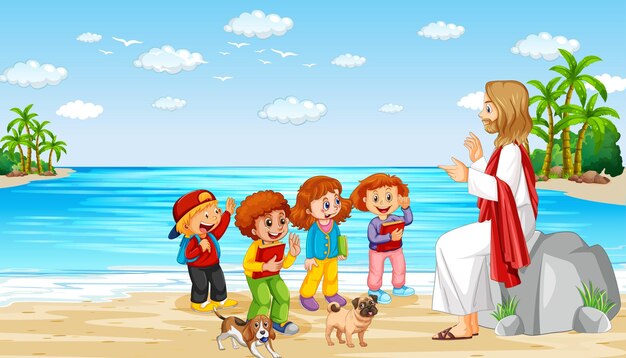 해변에서 예수와 아이들