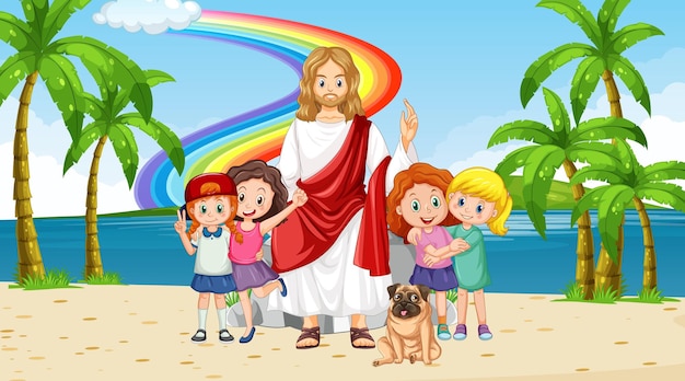 Free vector jesus and children at the beach