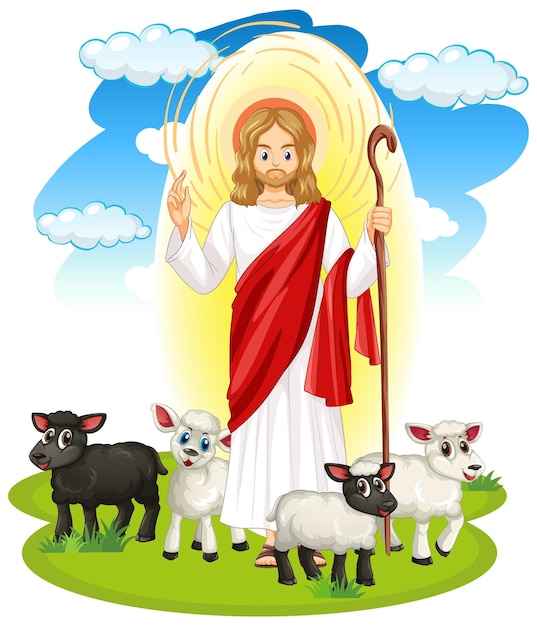 만화 스타일의 예수 그리스도와 동물들
