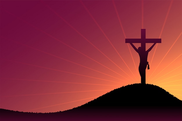 Jesus christ crucifixion scene on dusk and sun rays