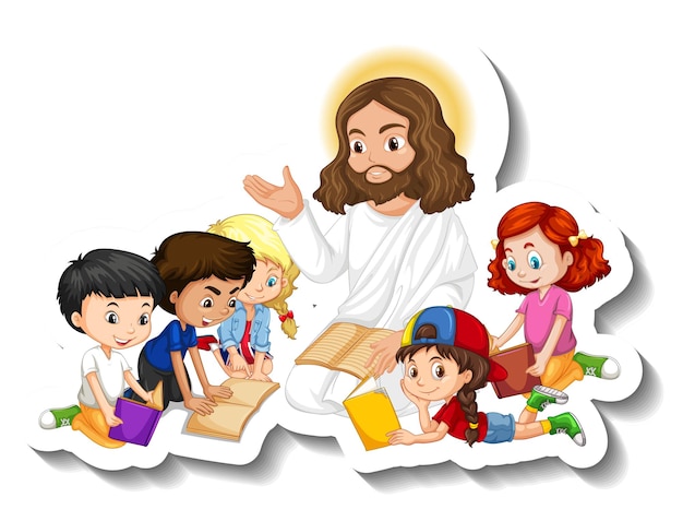 Иисус христос с наклейкой группы детей на белом фоне