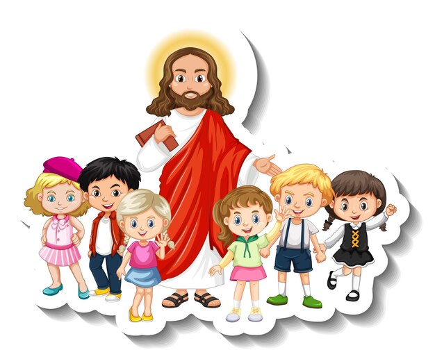Иисус Христос с наклейкой группы детей на белом фоне