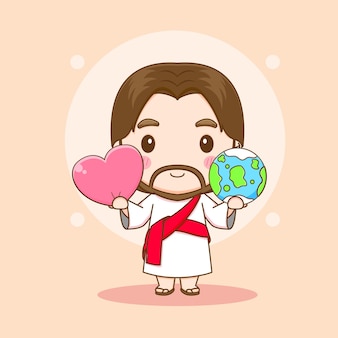 Jesus christ with the earth and love heart chibi cartoon character illustration