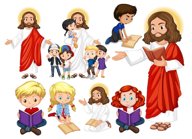 Free vector jesus and happy children reading book