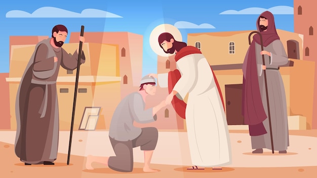 Jesus healing people with his hands flat illustration