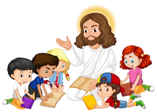 어린이 그룹 만화 캐릭터에게 설교하는 예수