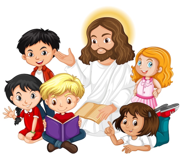 Jesus preaching to a children group cartoon character