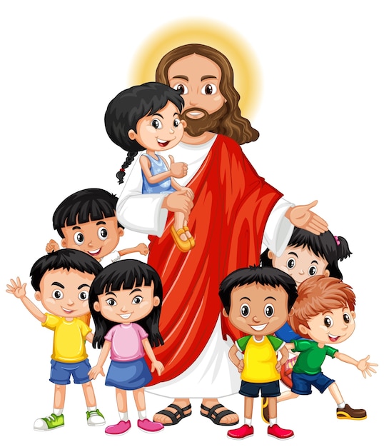 子供たちのグループの漫画のキャラクターとイエス